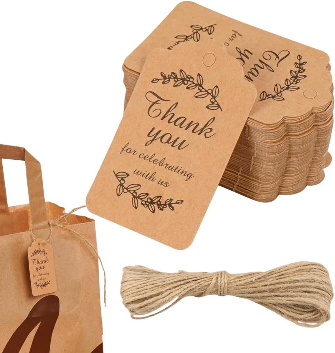 Cadeaulabels 150 stuks 3 x 6 cm - kraftpapier - met natuurlijk jutetouw - ideaal voor presenteren van sieraden - ShopVlot