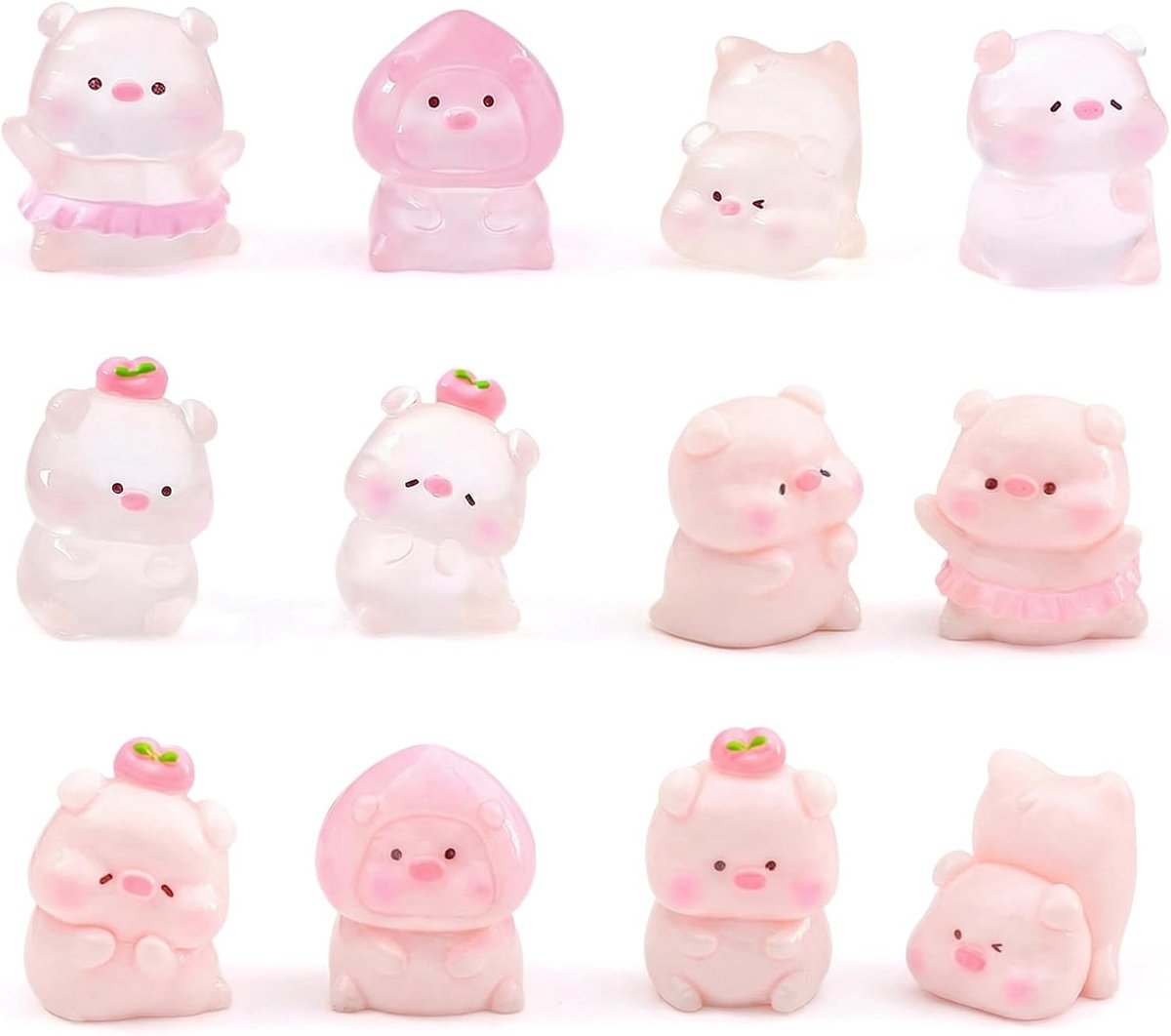 Set van 12 mini-varkensfiguren - 6 kleuren en 6 glow-in-the-dark - schattige decoratie voor verzamelaars - ShopVlot