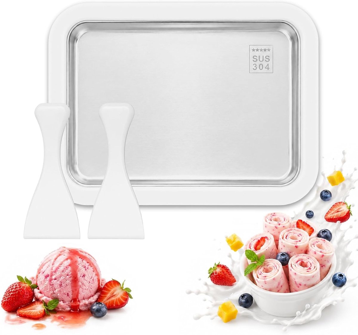 IJsbereidingsmachine - Wit - Voor Zelfgemaakt Gerold IJs, Sorbet en Yoghurt - Inclusief 2 Spatels