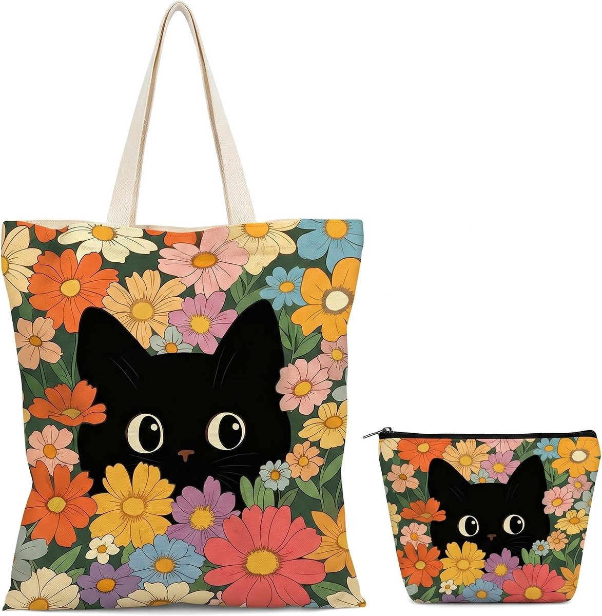 Tas met kattenmotief, 2 stuks stoffen zakken bedrukt, handtas kat voor mama vriendin (39 x 34 cm en 21 x 15 cm) - ShopVlot