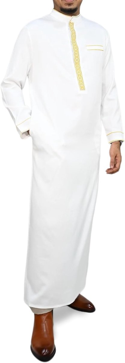 Men's Thobe Long Sleeve Gold Embroidery Loose Fit for Festive Occasions - ShopVlot