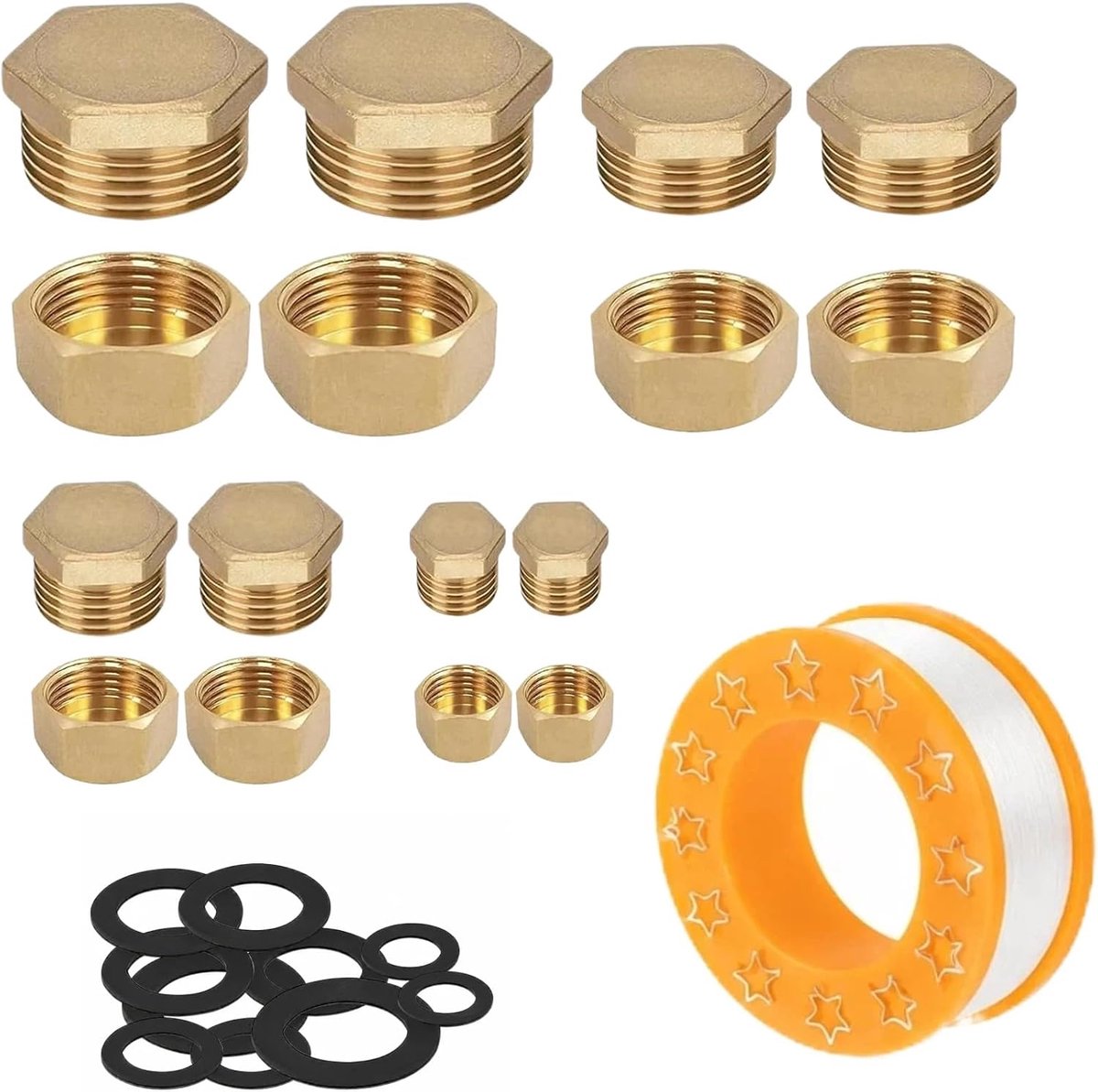 16 stuks messing blindstoppen waterleidingsset, blinde stoppen 1/4 inch 1/8 1/2 3/8 inch binnen- en buitendraad - ShopVlot