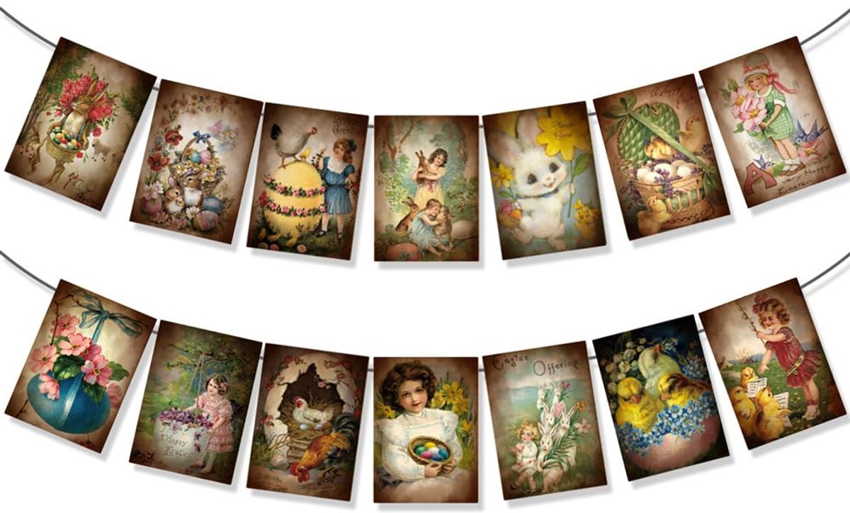 Easter Banner,Vintage Easter Bunting 2pcs,Happy Easter Victorian Style Rabbit Eggs Birthday Banner Flag Garland for - ShopVlot