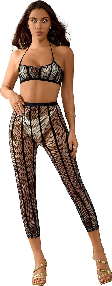 Walang Sexy Women's Outfit with Elastic Fishnet, Two Piece Vertical Stripes, Open Lace Outfit Set - ShopVlot