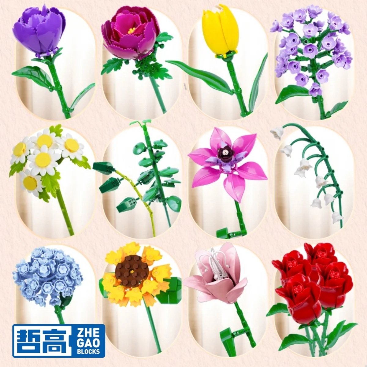 Zhe Gao 11304 Kleurrijke bloemen bouwset | Botanical Flowers Collection modelbouw | Classic Creator STEM speelgoed bouwpakket voor volwassenen en kinderen | Educatief decoratie Kunstbloemen boeket niet geschikt voor Lego | bouwdoos met 907 bouwstenen — afbeelding 10