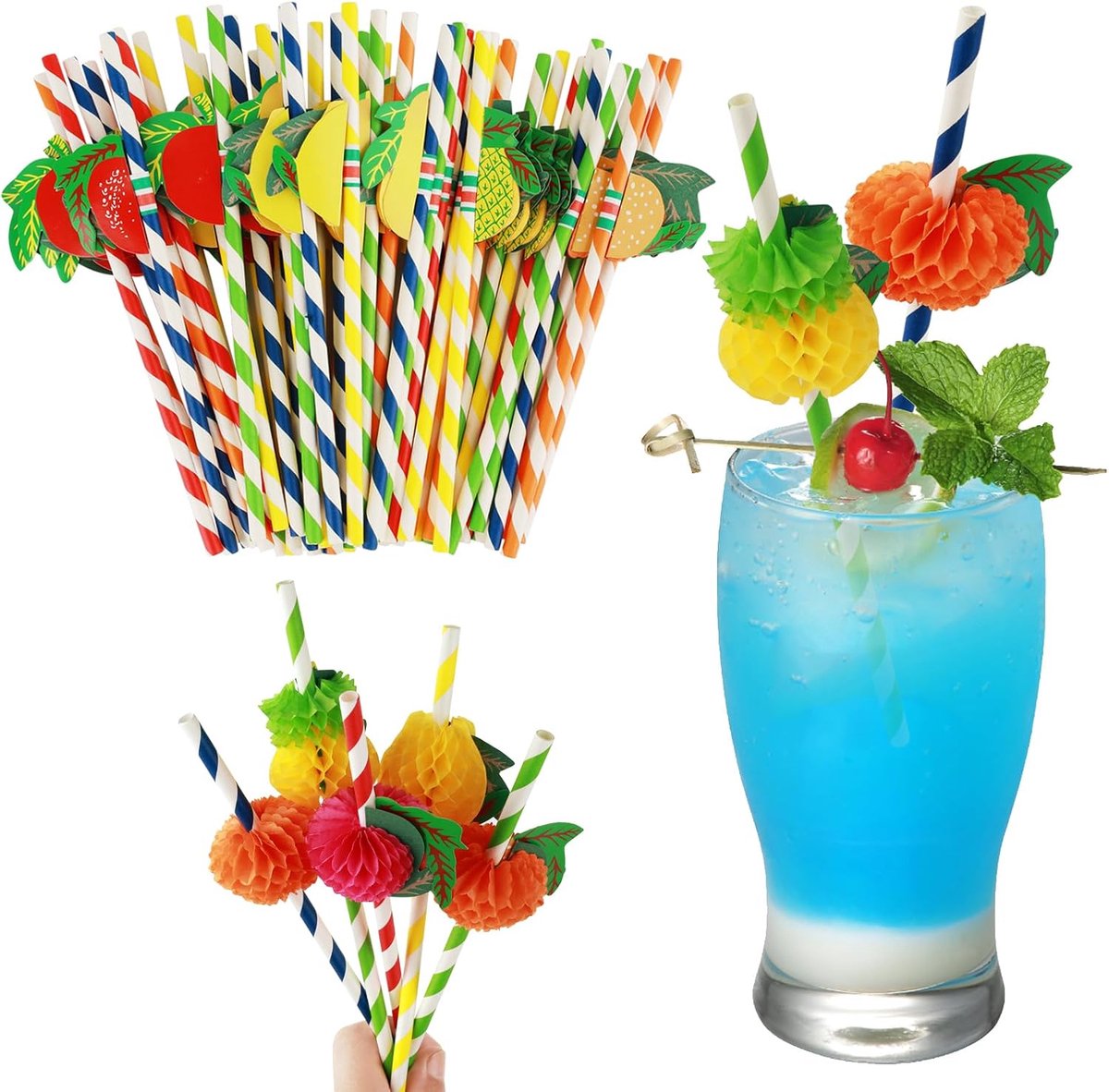 HXC Pack of 50 Cocktail Straws, Colourful Paper Straws, 3D Fruit Paper Straws for Summer Party, Hawaiian Tropical - ShopVlot