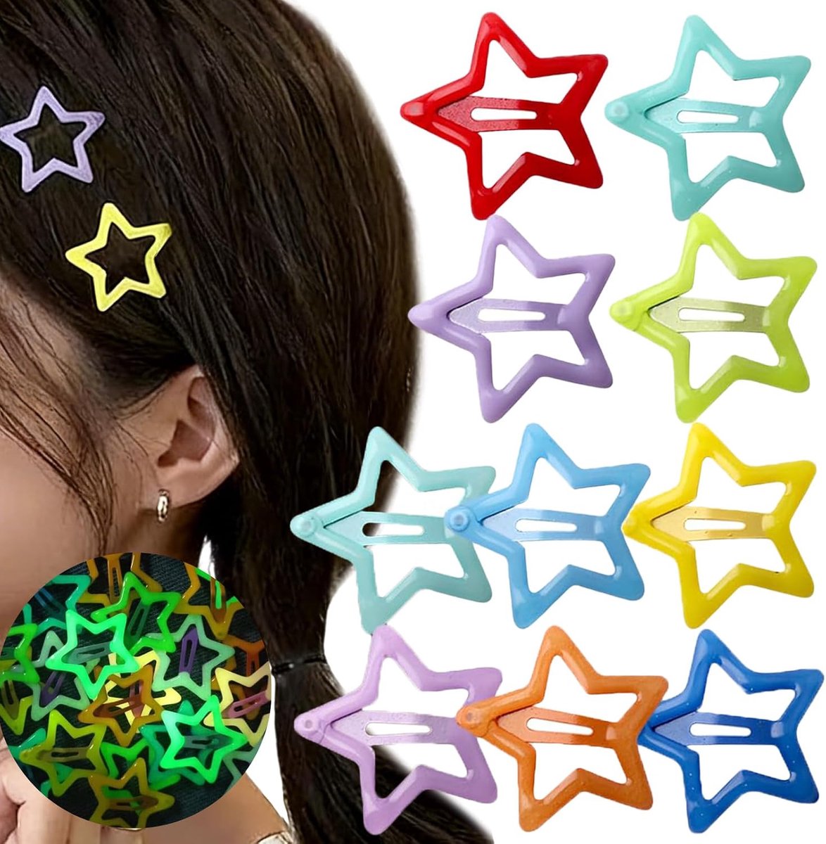 20 Pieces Colorful Luminous Star Hair Pins, Pentagram Hair Clips for Girls and Women, Cute Y2K Hair Clip, Hair - ShopVlot