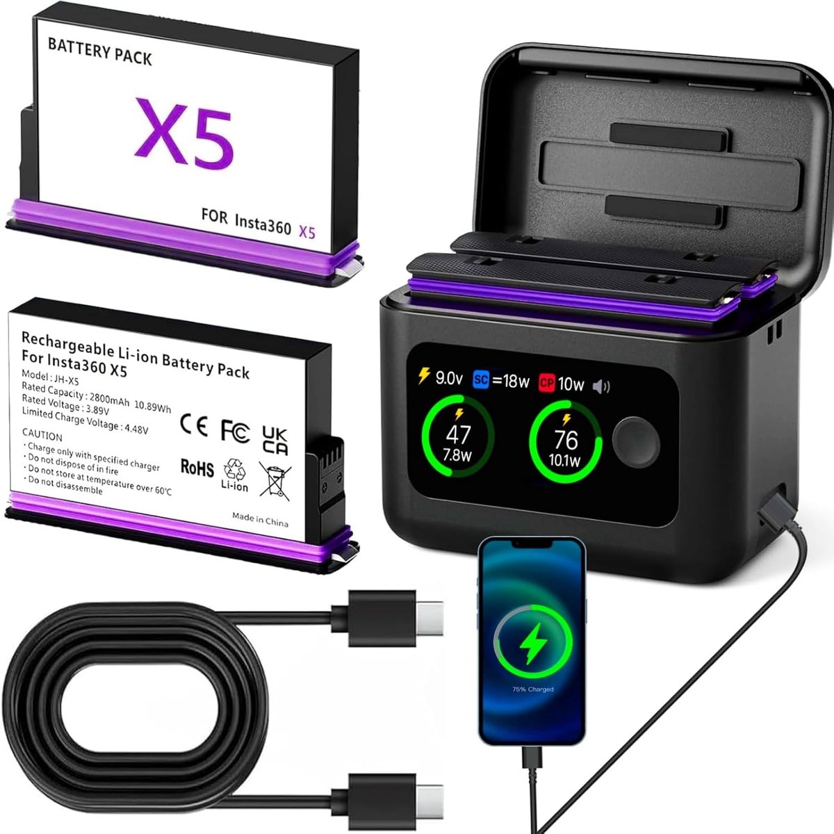 Pack of 2 360 X5 Battery, 2800 mAh, with 2 USB Slots for Fast Charging, Charger, Case, Accessories, LCD Display - ShopVlot