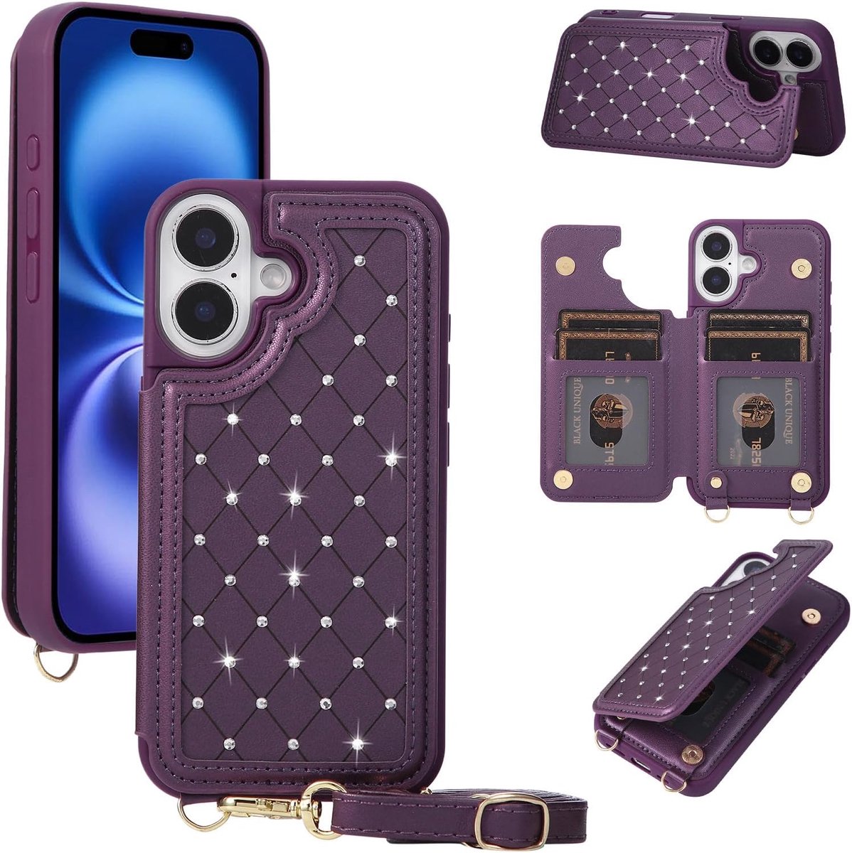 Telefoonhoes voor iPhone 17, portemonnee, crossbody met draagriem, kaartsleuven, standaard en RFID-bescherming - ShopVlot