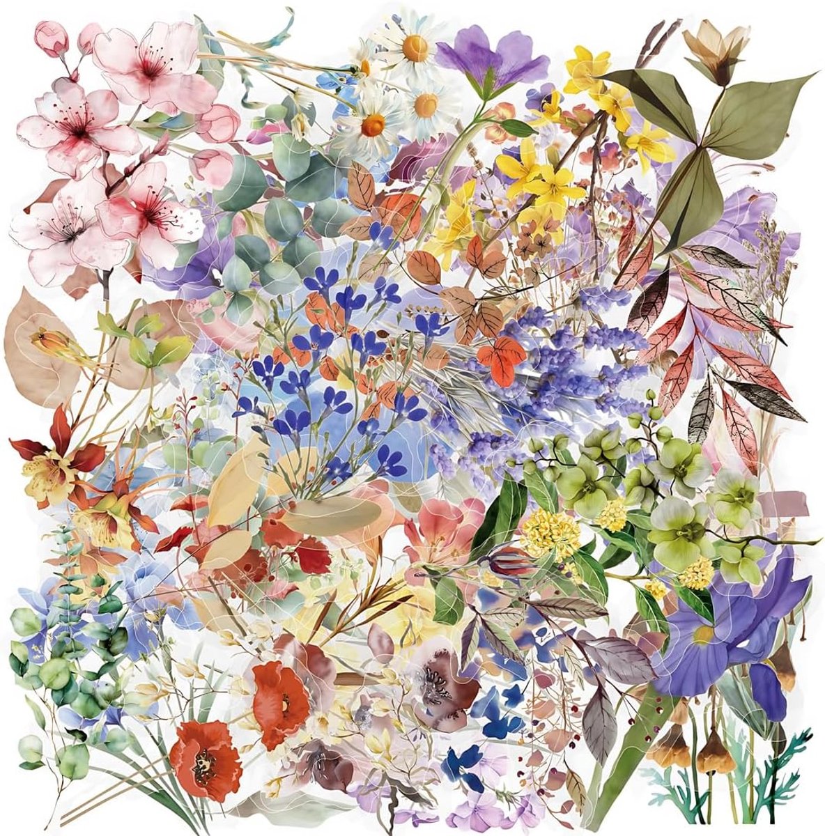 100 stuks bloemenstickerset voor journalingstickers, esthetische natuurlijke bloemen, esthetisch, transparant, voor - ShopVlot