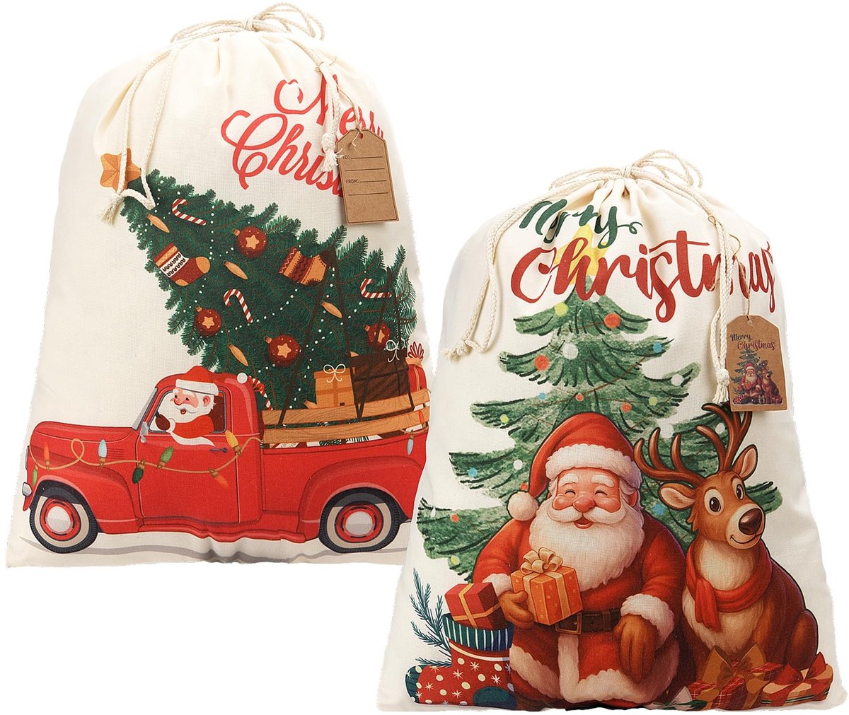 Solidchoice - 12-delige Kerst Canvas Trekkoord Cadeauzakken met Labels