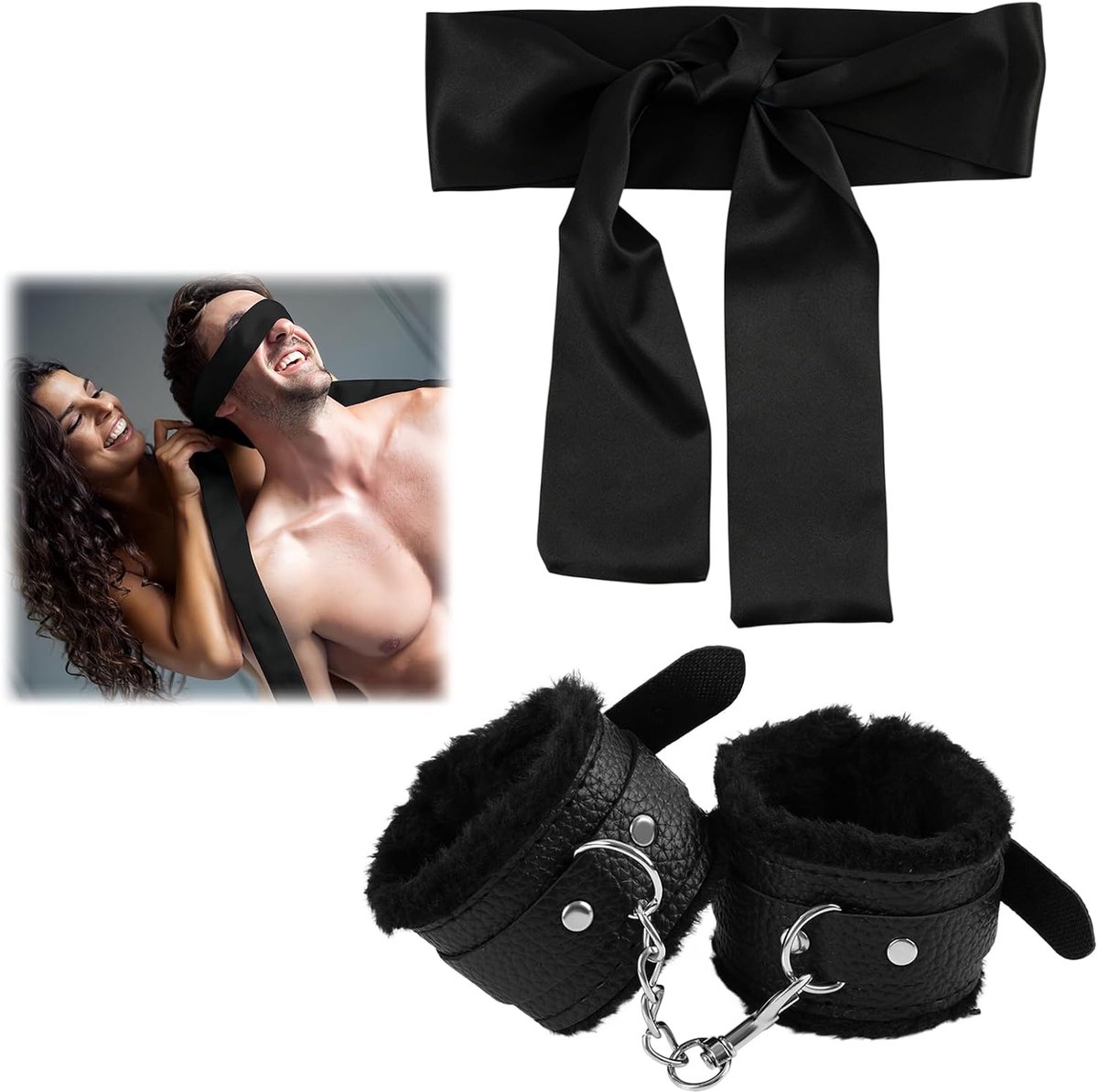 Handboeien Set met Oogmasker - Verstelbare PU Leren Handboeien - Inclusief Satijnen Blinddoek - ShopVlot