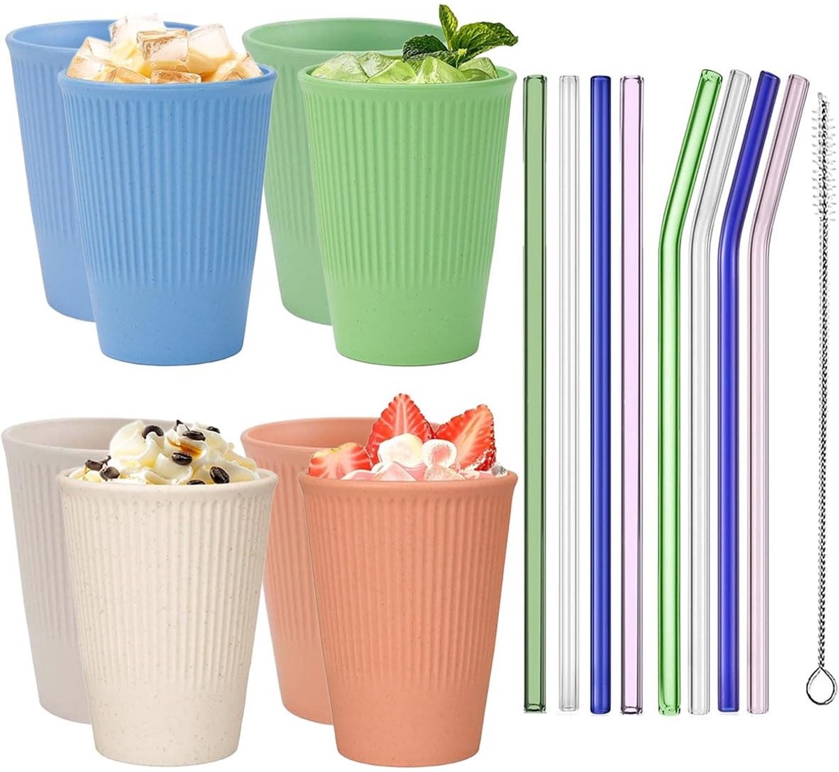 Solidchoice - Set van 8 Herbruikbare Plastic Bekers met Glazen Rietjes en Schoonmaakborstel