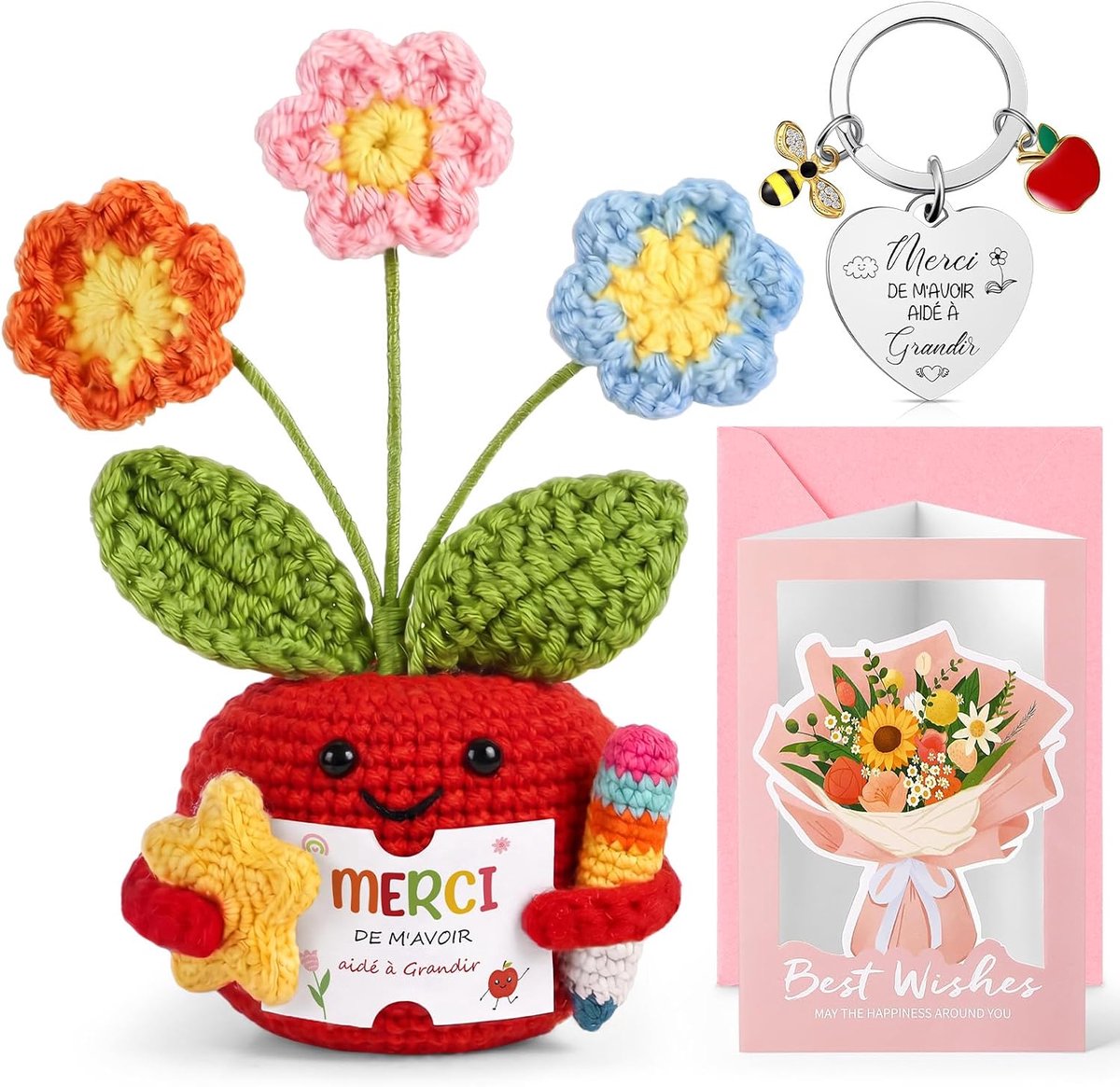 Gehaakt bloempje met wenskaart - Sleutelhangertje - Creatief cadeau voor vrouwen - Perfect voor beste vriendin - ShopVlot