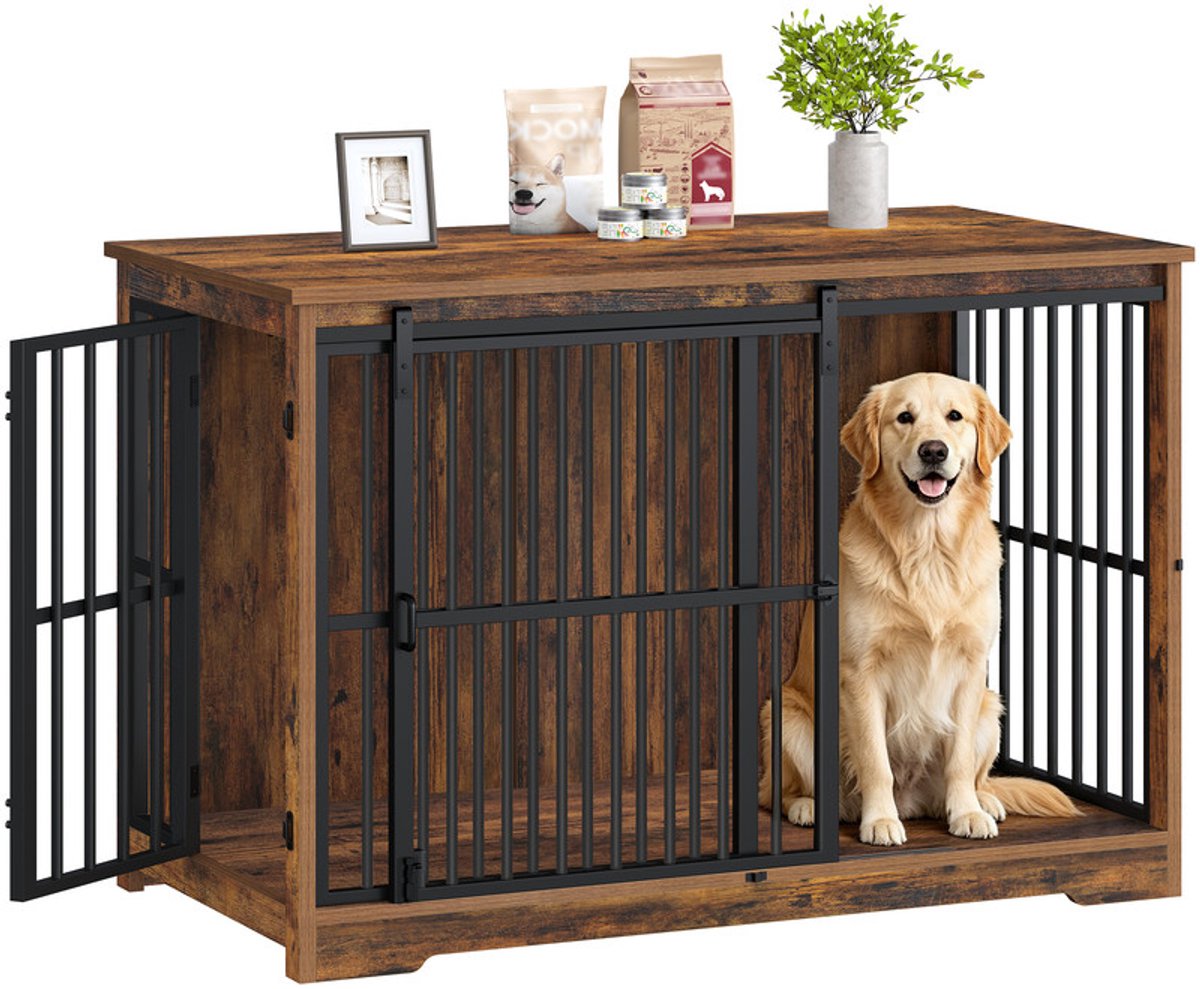 Hzuaneri 119 cm Hondenkooimeubel, Hondenbox, 2 Deuren, XXL Moderne Hondenkooi voor Binnen voor Middelgrote/Grote Honden, Bijzettafel, Versterkte Schuifdeur, 119 × 70 × 88 cm, Vintage Bruin