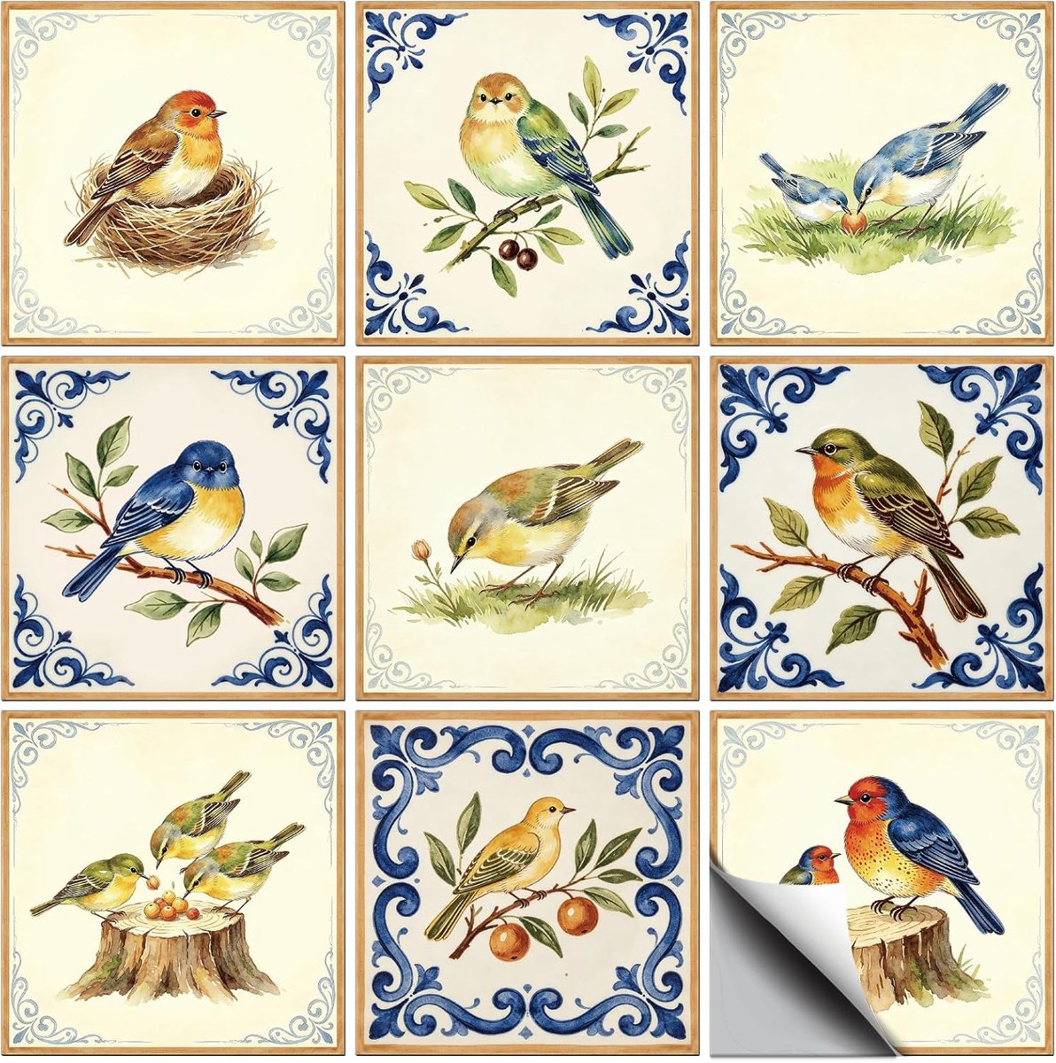 72 stks 9 Stijlen Vogel en Plant Patronen Tegel Stickers Retro Stijl Tak Waterdichte PVC Tegel Decals Voor Keuken - ShopVlot