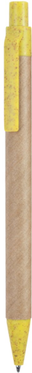250 stuks voordeel pack Drukknoppen pen van gerecycled karton, met punt en clip van tarwevezel en ABS Model GROVE Geel. Blauwe inkt.