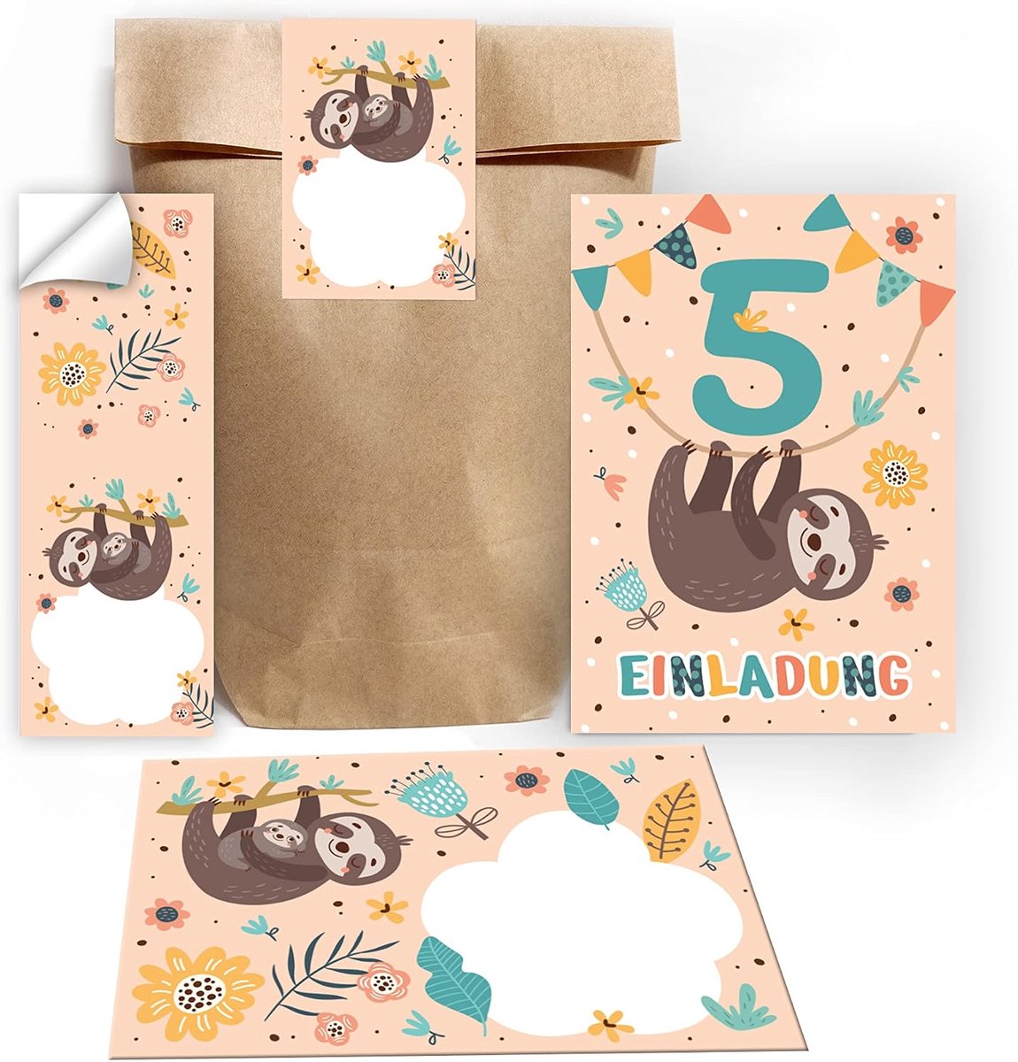 uitnodigingskaarten 5e verjaardag - sloth design - incl. enveloppen en stickers - perfect voor kinderen - ShopVlot