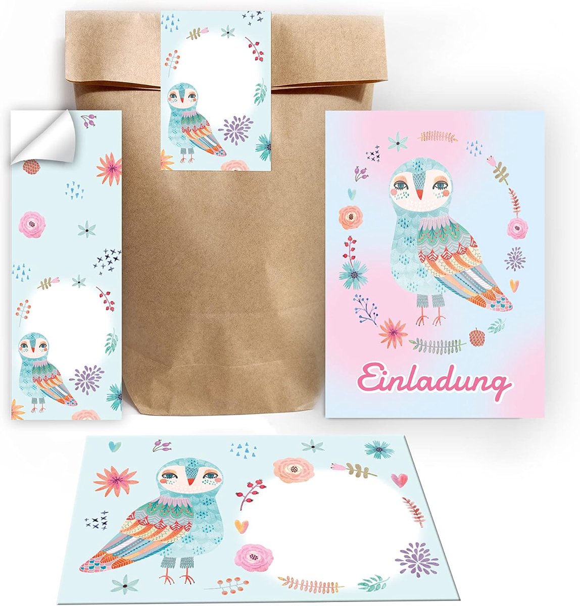 uitnodigingskaarten kinderfeestje meisje uil - 12 stuks - incl. enveloppen en cadeauzakjes - ShopVlot
