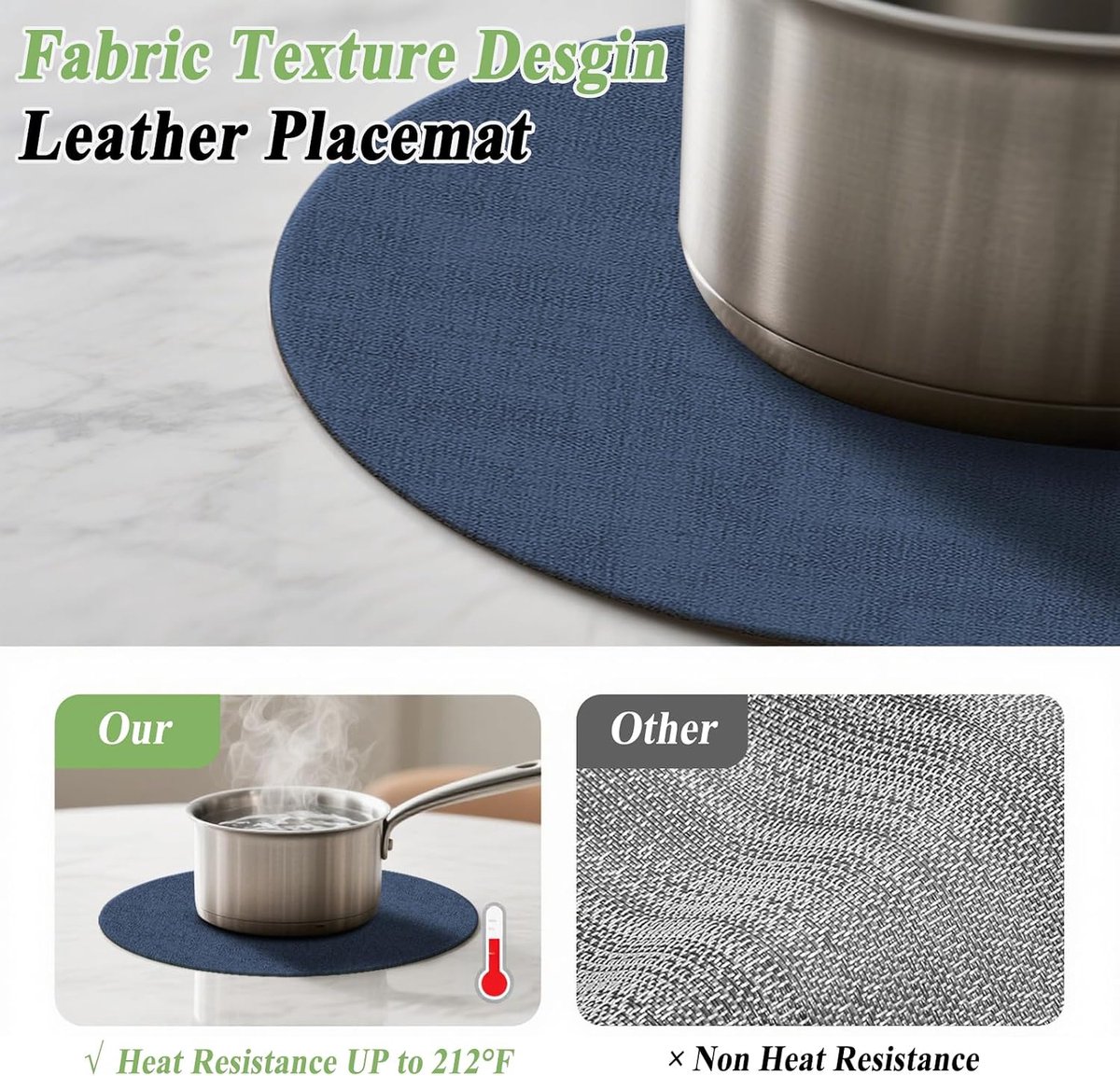 Set of 4 Round Leather Placemats (15 Inch) and 4 Coasters (10cm), Heat Resistant Placemats, Non-Slip and Washable - ShopVlot
