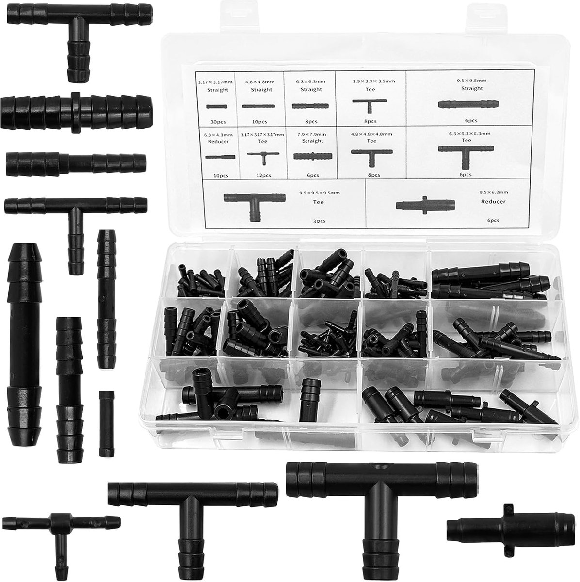 113 Piece Hose Connector Set, 12 Sizes, Tees, Straight and Reducers, for Garden Hoses, Irrigation Systems - ShopVlot