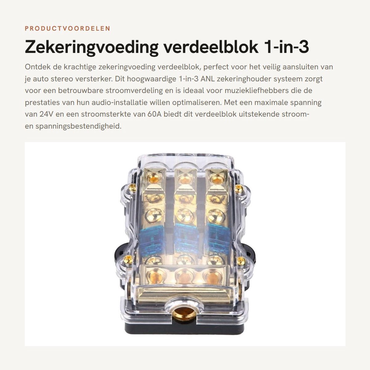 Dailygoods- Zekeringvoeding 1 op 3-weg - Zekeringhouder ANL - Zinklegering Behuizing - Max 24V 60A - Stroomverdeelblok - Brandwerend en Veilig - Stroomverdeler