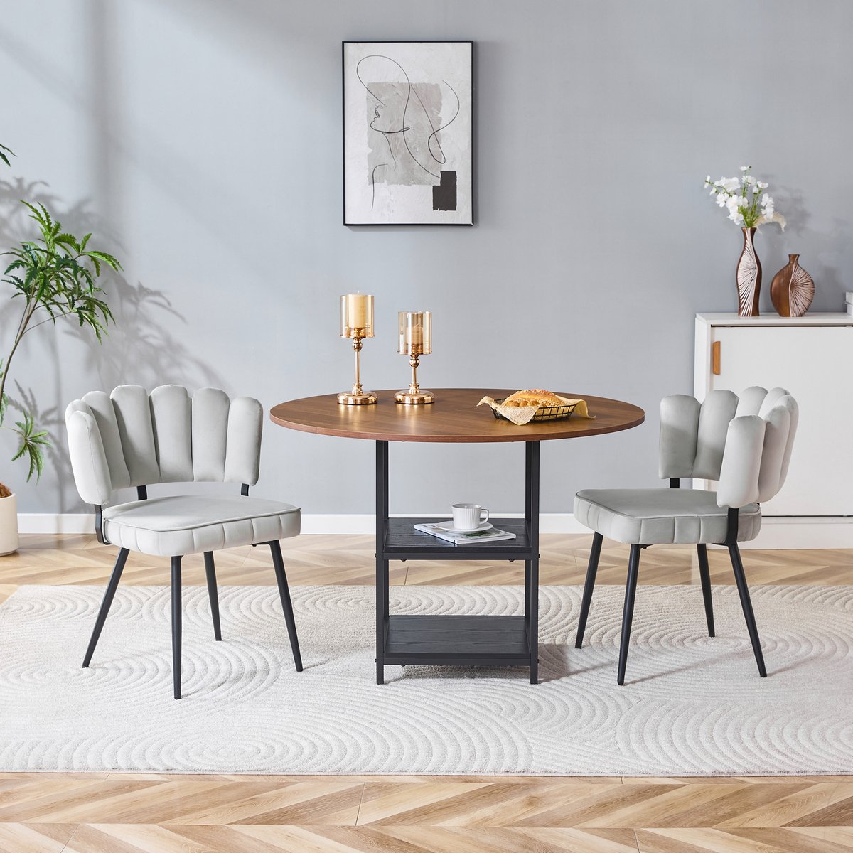 MIVRAY Eethoek 107 cm - Ronde Eettafel Met 2 Stoelen En Dubbele Opbergruimte - Voor Kleine Woning - MDF Metaal Lichtgrijs Lichtgrijs, Walnoot, Zwart