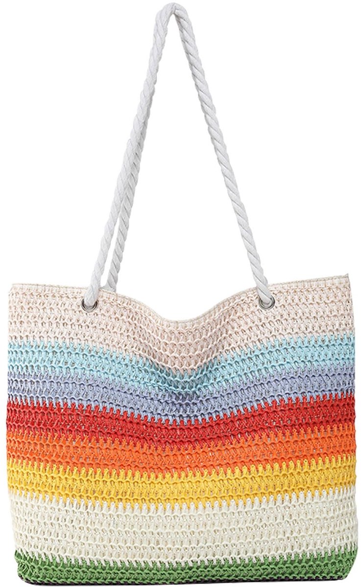 Dailygoods - Andiker Regenboog Stro Strandtas voor dames 2025, lichte grote schoudertas voor dames, met ritssluiting, zomer, gestreept stro, tas, vrouw, groot