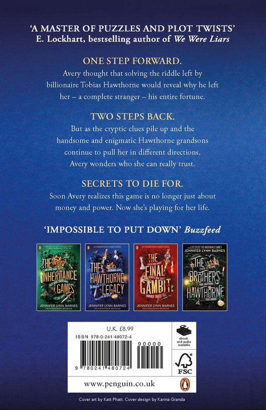 Boekomslag van The Inheritance Games met de titels van vier boeken: The Inheritance Games, The Hawthorne Legacy, The Final Gambit en The Brothers Hawthorne. Centraal staat de tekst 'Impossible to put down'.