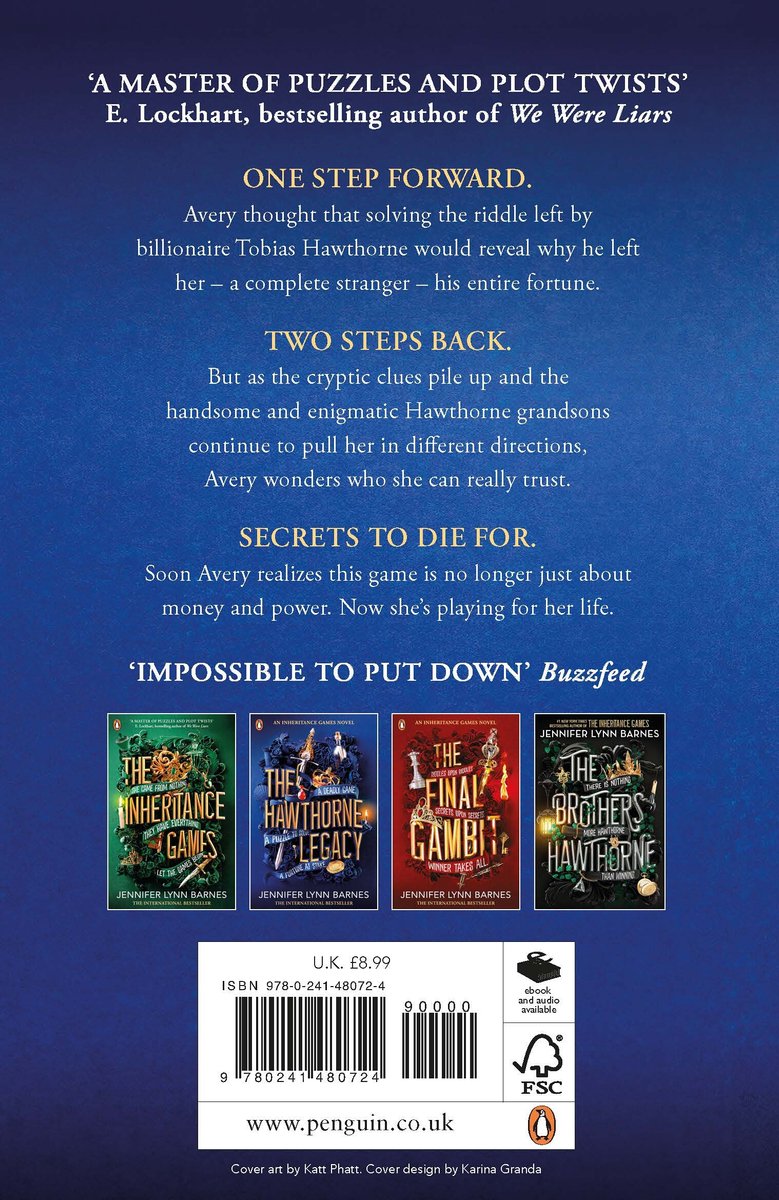 Boekomslag van The Inheritance Games met de titels van vier boeken: The Inheritance Games, The Hawthorne Legacy, The Final Gambit en The Brothers Hawthorne. Centraal staat de tekst 'Impossible to put down'.