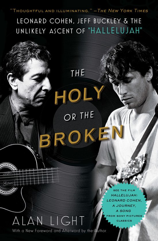 De voorkant van het boek 'The Holy or the Broken' met portretten van Leonard Cohen en Jeff Buckley.