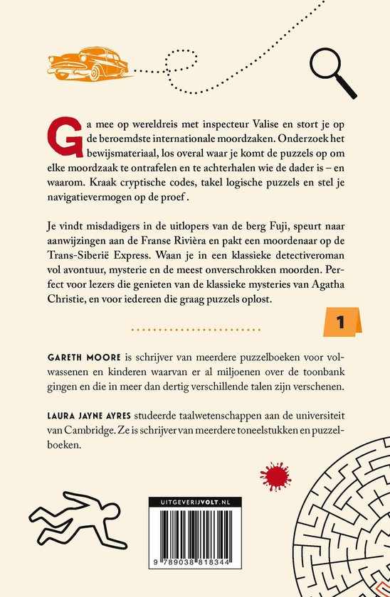 Boekcover met tekst en illustraties van een auto, vergrootglas, een persoon die springt en een doolhof. ISBN en QR code.