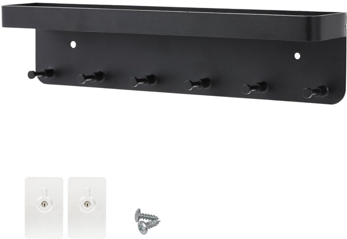 Sleutelrek met Plank 6 Haken - RVS - Geen Boren - Zwart - Voor Hal, Keuken & Entree