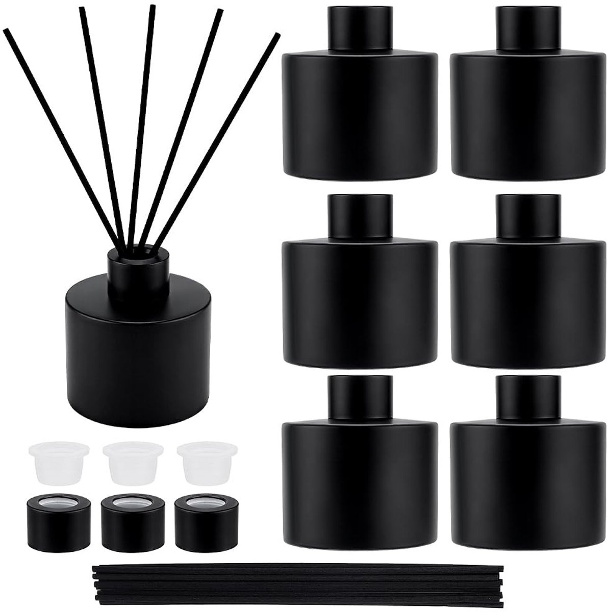 Dailygoods- Diffusorflessen 120 ml - 6 Stuks - Matzwarte Potten - Navulbaar - Geurstokjes 