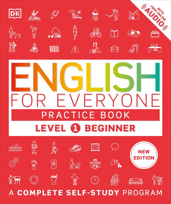 Boekomslag voor 'English for Everyone Practice Book Level 1 Beginner' met icoontjes en "A Complete Self-Study Program"