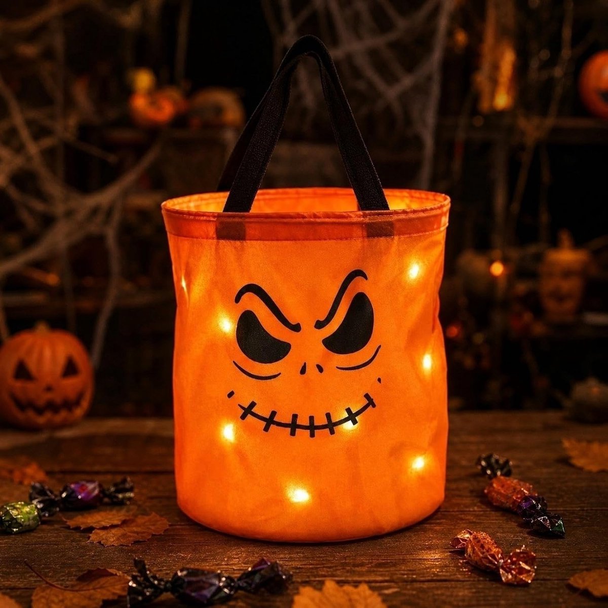 Ulisem - Halloween Pompoen Emmer – Lichtgevende Jack O' Lantern Snoepmand met Handvat – Herbruikbare Trick or Treat Mand voor Halloween Feest, Snoepjes & Cadeautjes - B