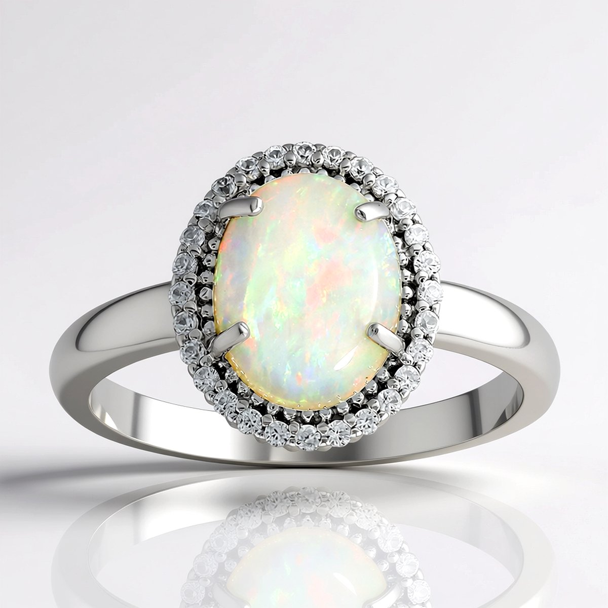 Cavill - Elegante Opaal Ring 1,074 ct - 925 Sterling Zilver Platina Verguld - 28 Zirkonia Rond - Ovale Australische Cabochon