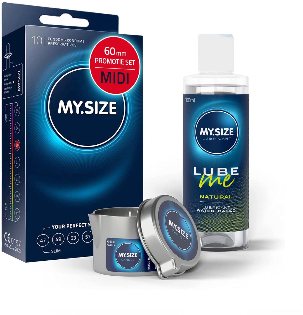 Voordeelverpakking MY.SIZE-condooms 60 mm, pak van 10 + MY.SIZE natuurlijk glijmiddel 100 ml + MY.SIZE-massagekaars