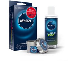 Voordeelverpakking MY.SIZE-condooms 60 mm, pak van 10 + MY.SIZE natuurlijk glijmiddel 100 ml + MY.SIZE-massagekaars