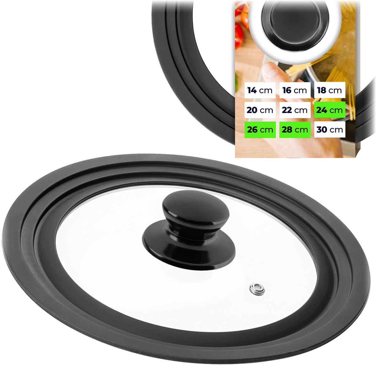 KADAX universele deksel 24/26/28 cm, universele deksel voor potten en pannen, pannendeksel, glazen deksel met siliconenrand en stoomopening, potdeksel (glanzend zwart)