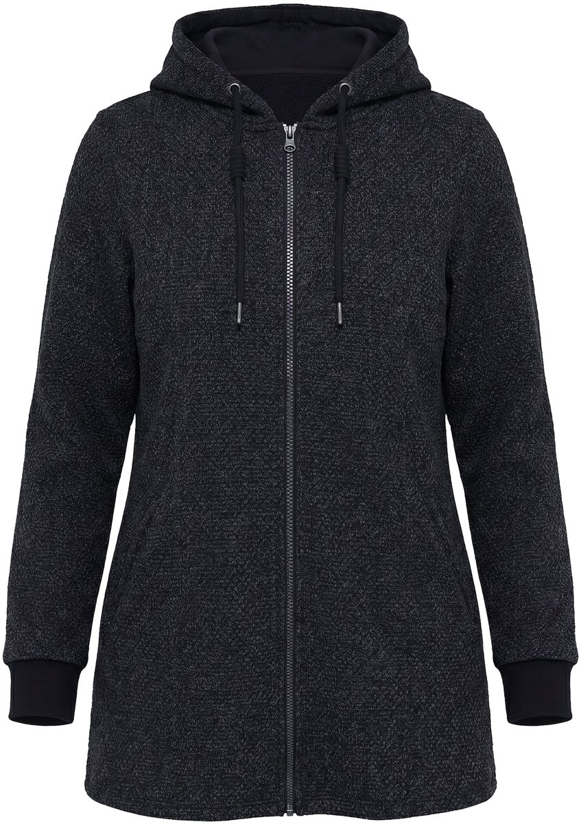 Ulla Popken - Dames - Gebreid fleece jas tekst capuchon lange mouwen - Zwart - Maat 46+