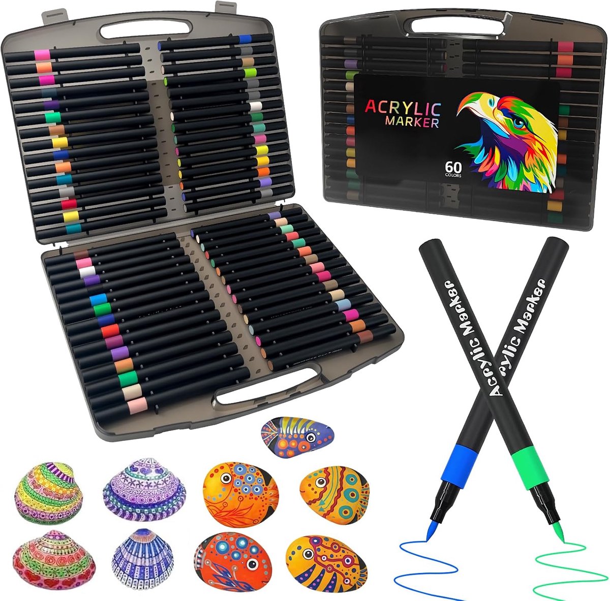 Acryl Stiftenset 60 Kleuren - Fijne Punt - Watervast & Sneldroog - voor Canvas, Glas, Hout, Steen & Stof - voor Volwassenen & Kinderen - Kleurrijk - 1 Set