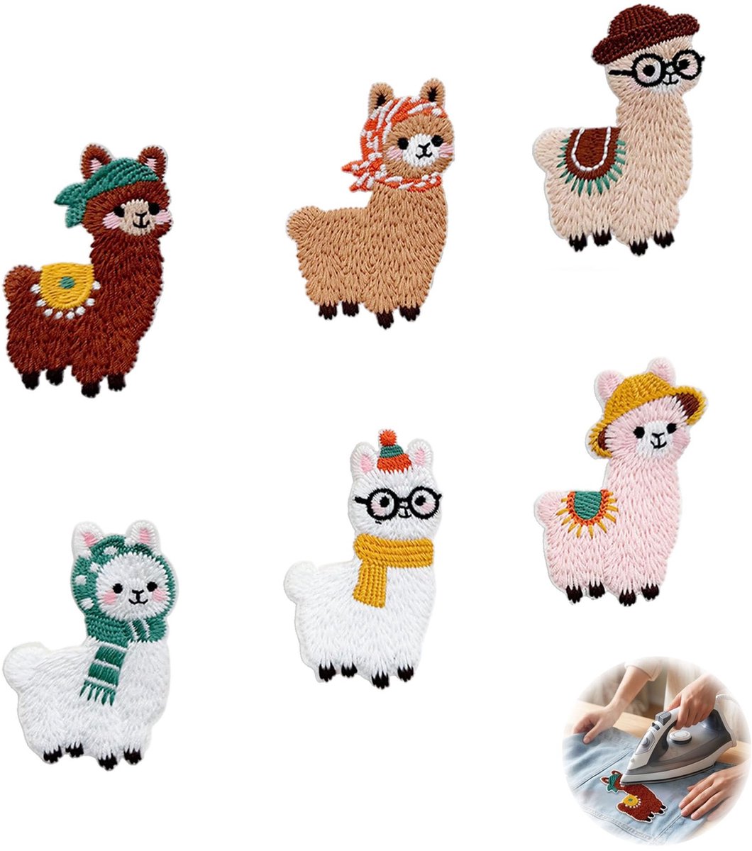 Solidchoice - Strijkpatches Set van 6, Geborduurd met Lama Motief