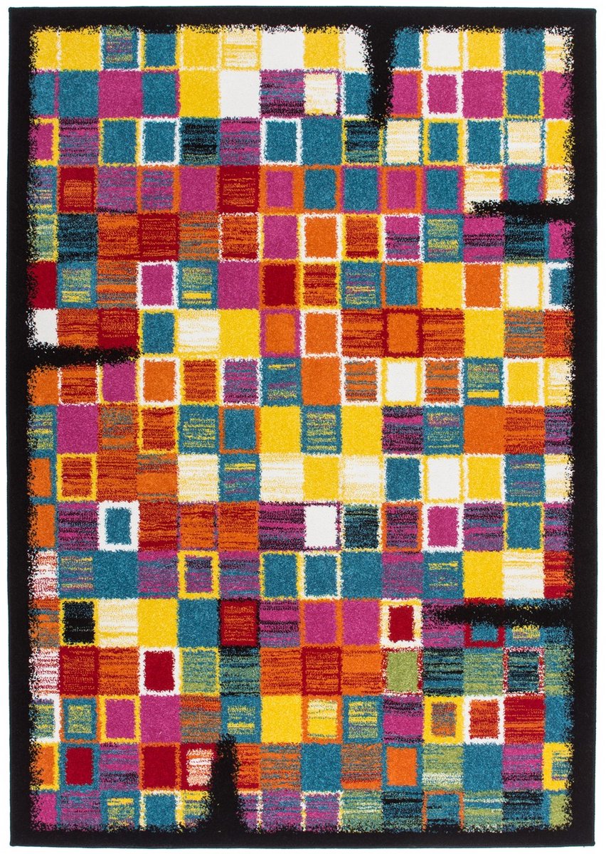 Padiro laagpolig vloerkleed 200 x 290 cm - meerkleurig - geometrisch ruit- en blokpatroon - geschikt voor vloerverwarming - van polypropyleen