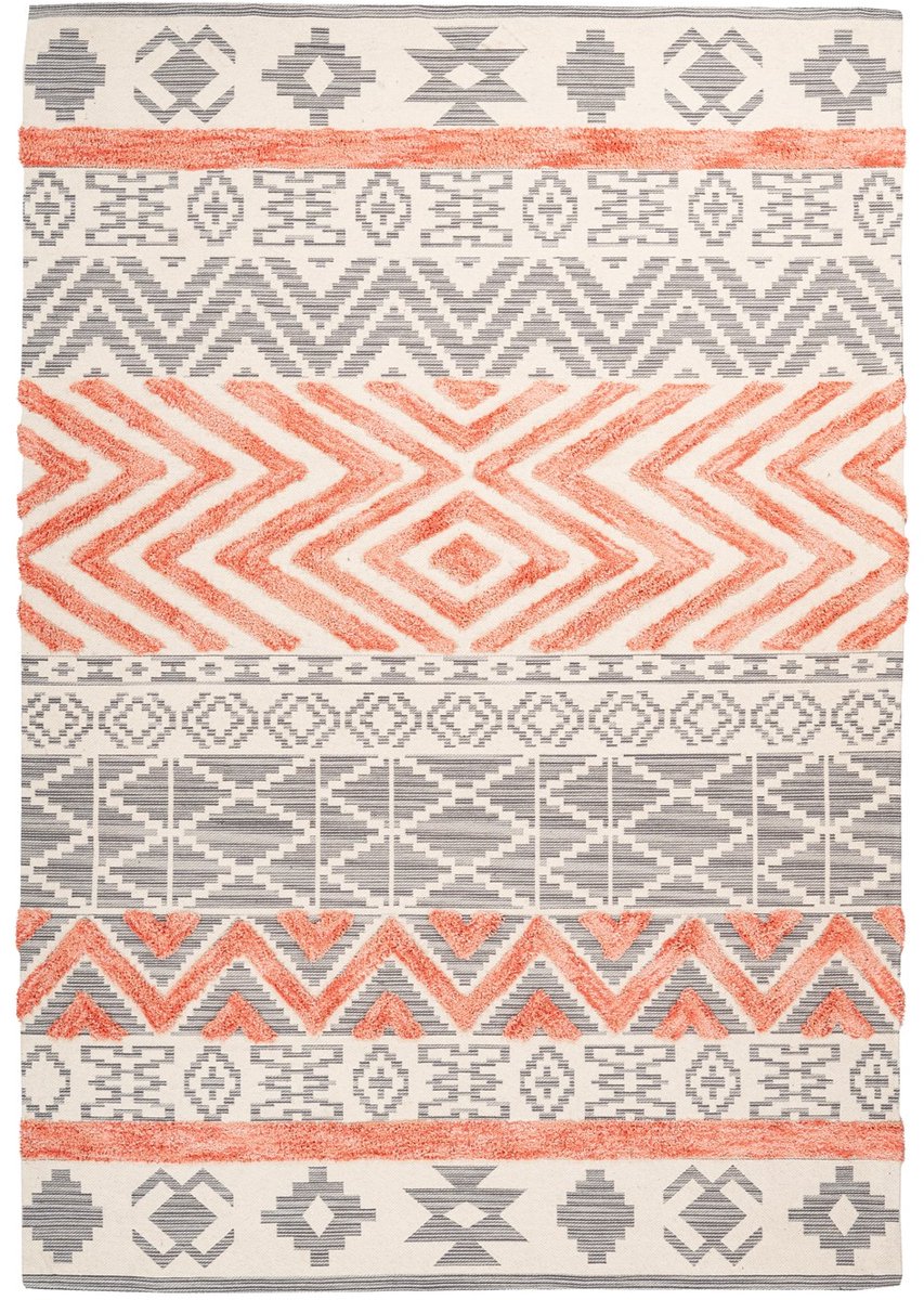 Padiro laagpolig vloerkleed 200 x 290 cm - grijs / abrikoos - boho geometrisch patroon - geschikt voor vloerverwarming - van katoen en polyester