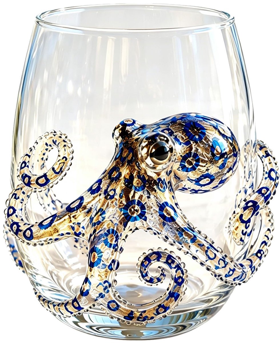 Casalora® Handgemaakt 3D Wijnglas zonder Voet – Maritiem Dier Design – Artistiek Drinkglas – Kustdecoratie – Cadeau voor Oceaanliefhebbers – Octopus
