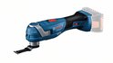 Blauwe Bosch multitool met rode accenten en een accu.