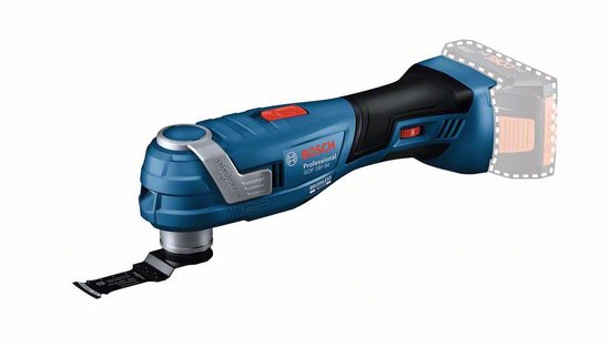 Blauwe Bosch multitool met rode accenten en een accu.
