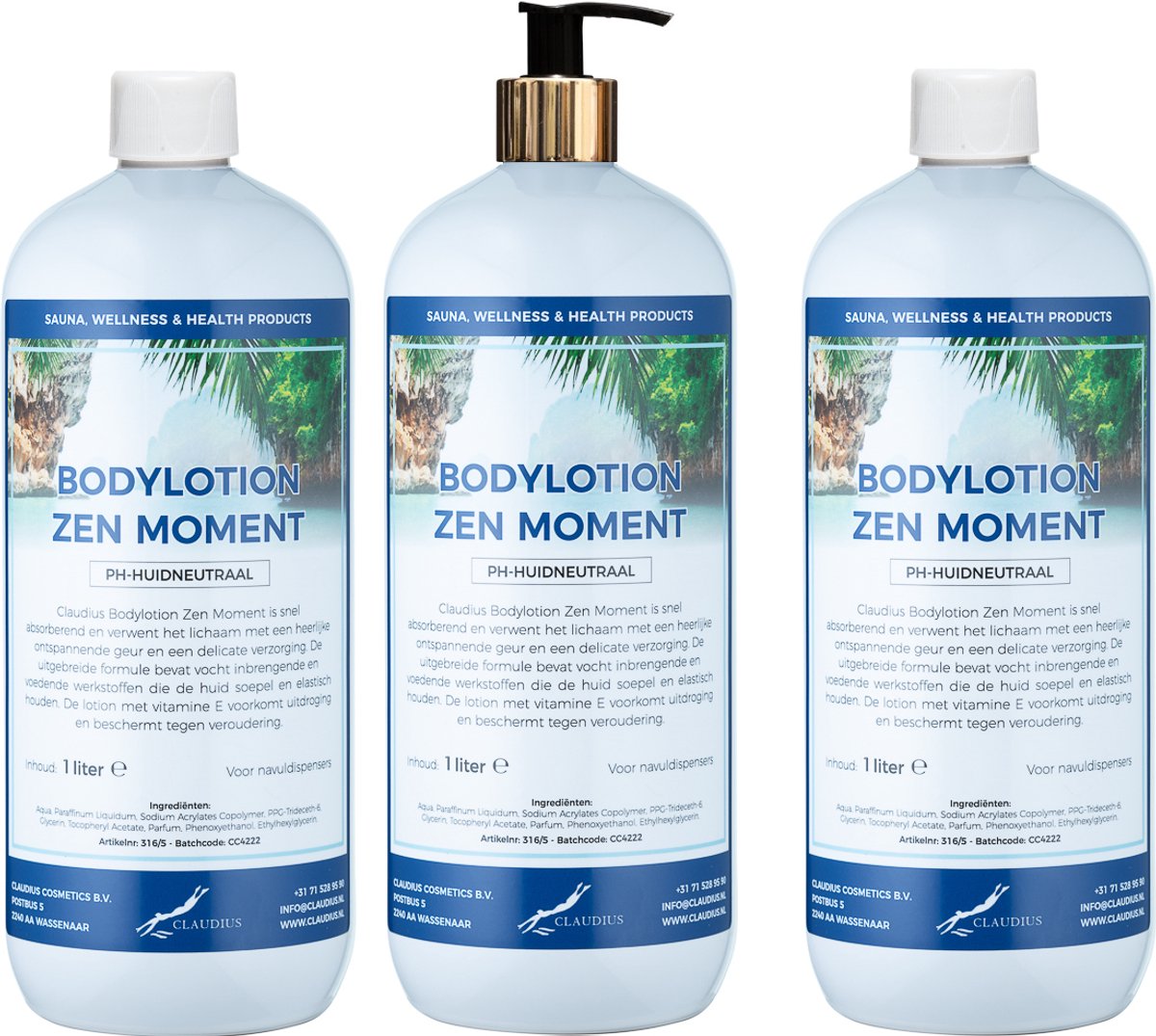 Bodylotion Zen Moment 1 Liter - met gouden pomp - set van 3 stuks