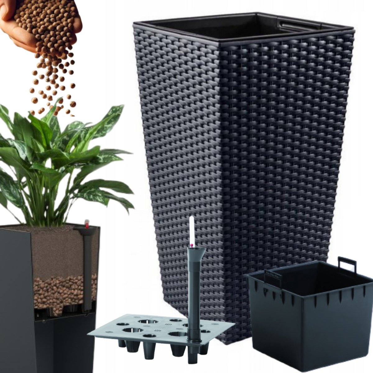 Hoge Rotan Look Plantenbak Antraciet 26,5x50 cm met Inzetstuk